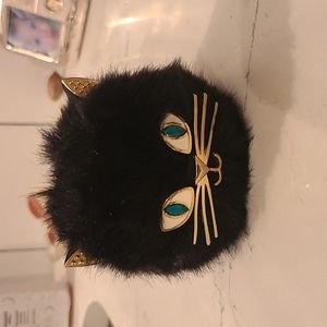 Bath & Body Works Black Cat Fuzzy Furry Pocket Bac Holder Key Chain EUC